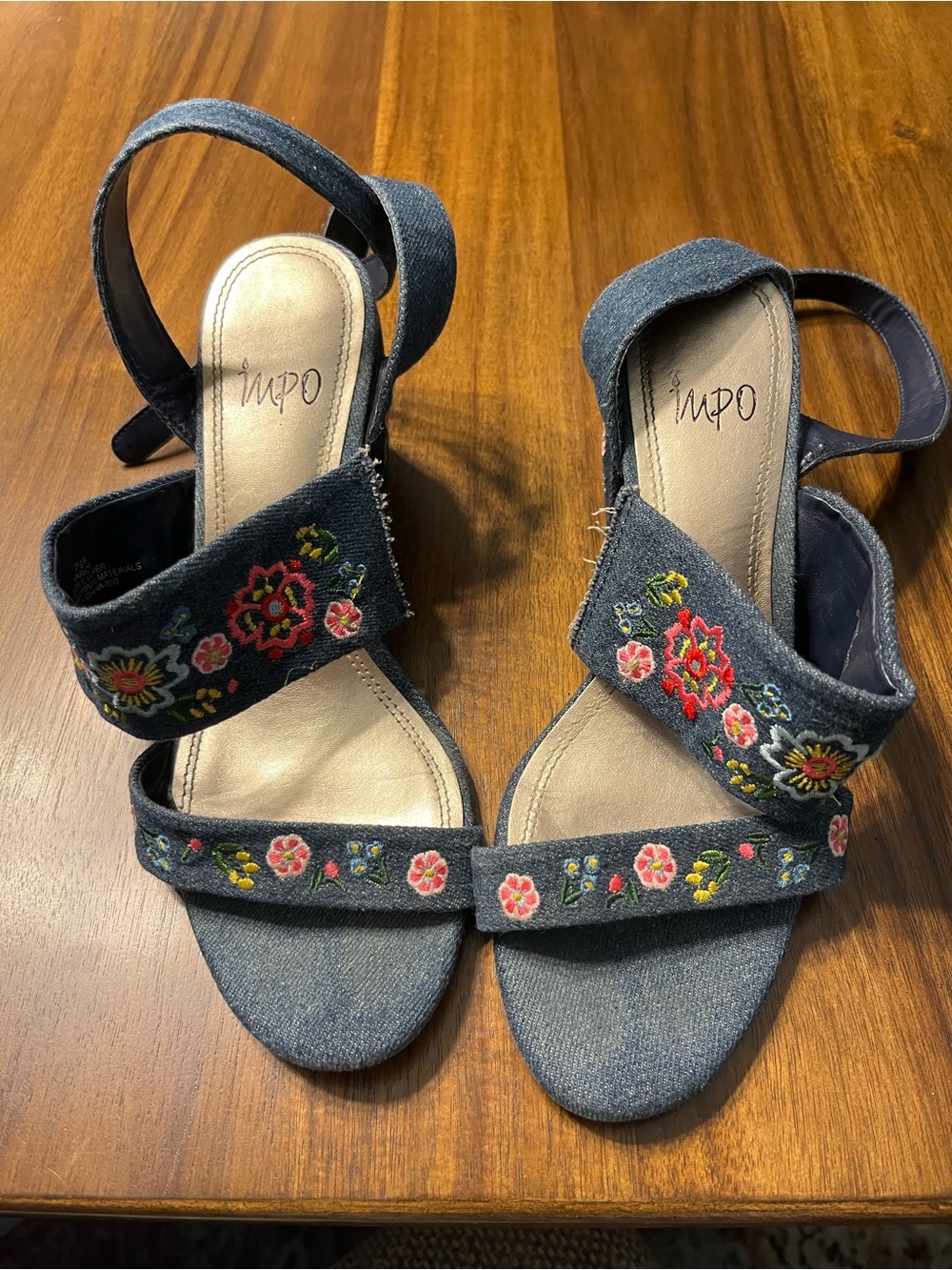 Impo Denim Embroidered Block Heel Sandals - Dark Blue with Pink & Yellow Floral